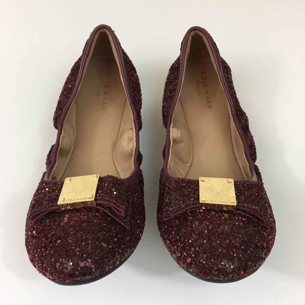Cole Haan Red Glitter Ballet Flats Tali Bow Size 9